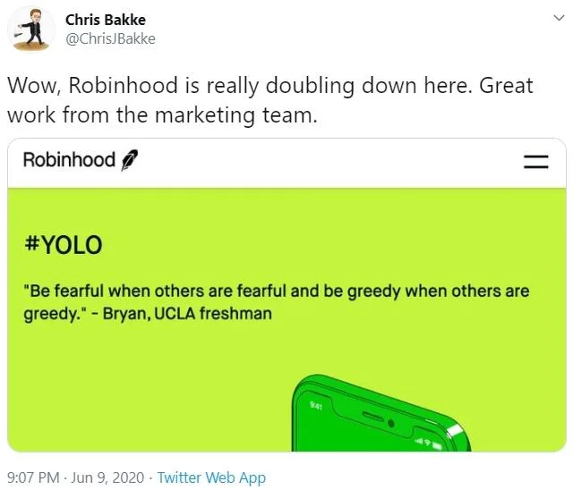 Chris Bakke tweet mocking Robinhood #YOLO marketing screen misquoting Buffett