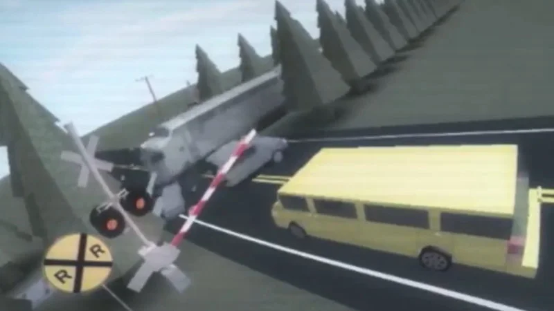 Roblox Car Crash Videos — A Roblox game screenshot depicting multi-vehicle collision with dark vehicle crashing into yellow van, showing blocky graphics and