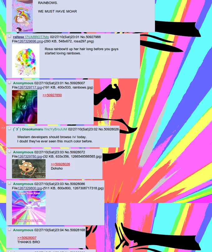 Robot Unicorn Attack — 4chan /v/ thread screenshot with rainbow posts over Harmony Harmony face background