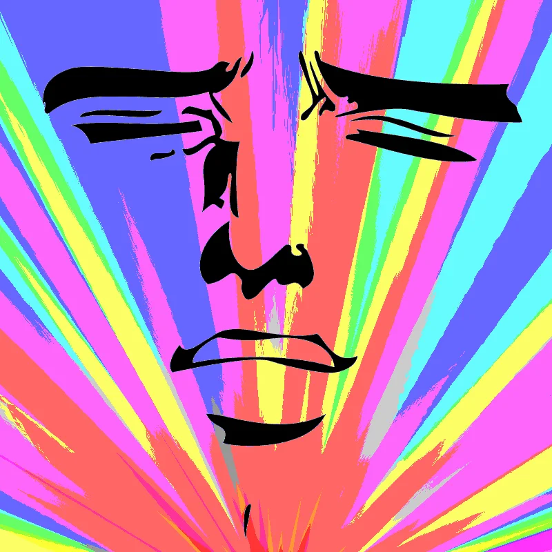 Robot Unicorn Attack — Entranced black-lined face over a rainbow starburst background