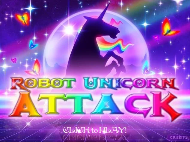 Robot Unicorn Attack game title screen with unicorn silhouette and rainbow mane