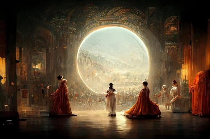 AI-generated painting of robed figures around a glowing circular portal in an ornate hall