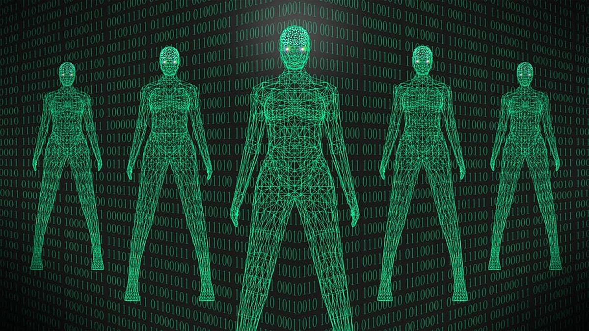 AI — Green wireframe humanoid figures on a binary code background