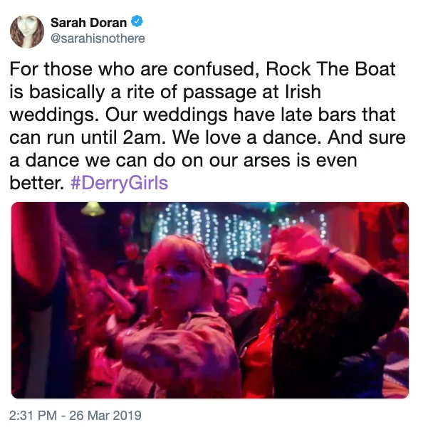 Rock the Boat Dance — Tweet from Sarah Doran explaining Rock the Boat as an Irish wedding tradition with Derry Girls still