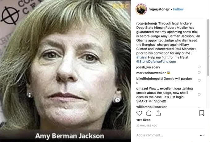 Roger Stone Instagram post attacking Judge Amy Berman Jackson with crosshair image