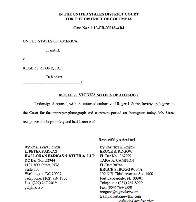 Roger Stone — Court document titled Roger J. Stone's Notice of Apology filed in DC District Court