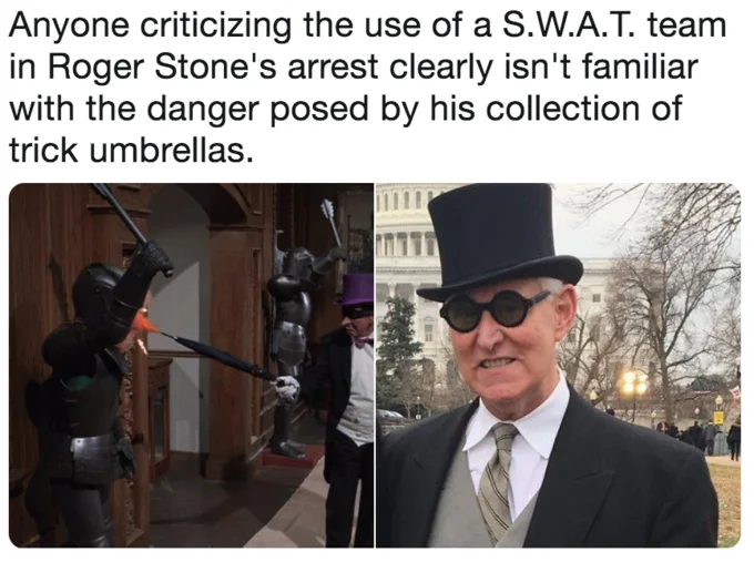 Meme comparing Roger Stone's arrest to Batman fighting Penguin's trick umbrellas