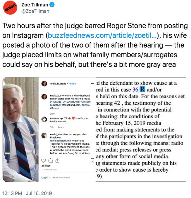 Zoe Tillman tweet about Roger Stone's wife posting on Instagram after gag order