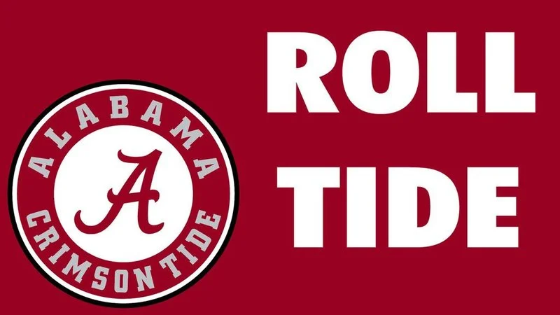 Alabama Crimson Tide logo with bold white 'ROLL TIDE' text on crimson red background featuring the iconic 'A' logo.