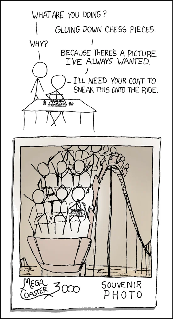 Roller Coaster Chess — xkcd comic about gluing chess pieces to a board for a roller coaster souvenir photo