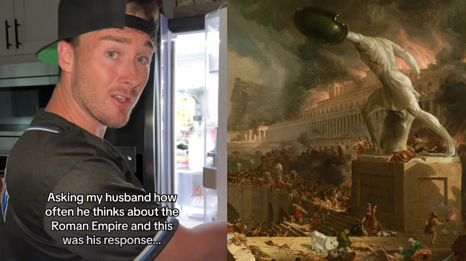 Roman Empire — A split-image meme showing a man asking a question paired with dramatic classical Roman conquest artwork visualizing Rome thinking.