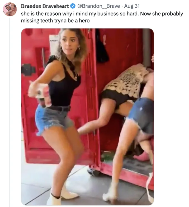 Romper Stomper Fight Video — Twitter screenshot showing a woman intervening in the porta-potty brawl at a Morgan Wallen concert.