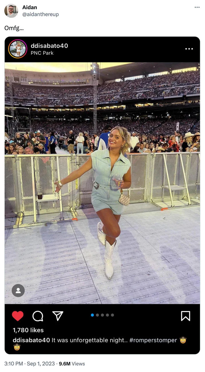 Romper Stomper Fight Video — Instagram screenshot of a woman in denim romper and white cowboy boots at PNC Park concert captioned with hashtag romperstomper.