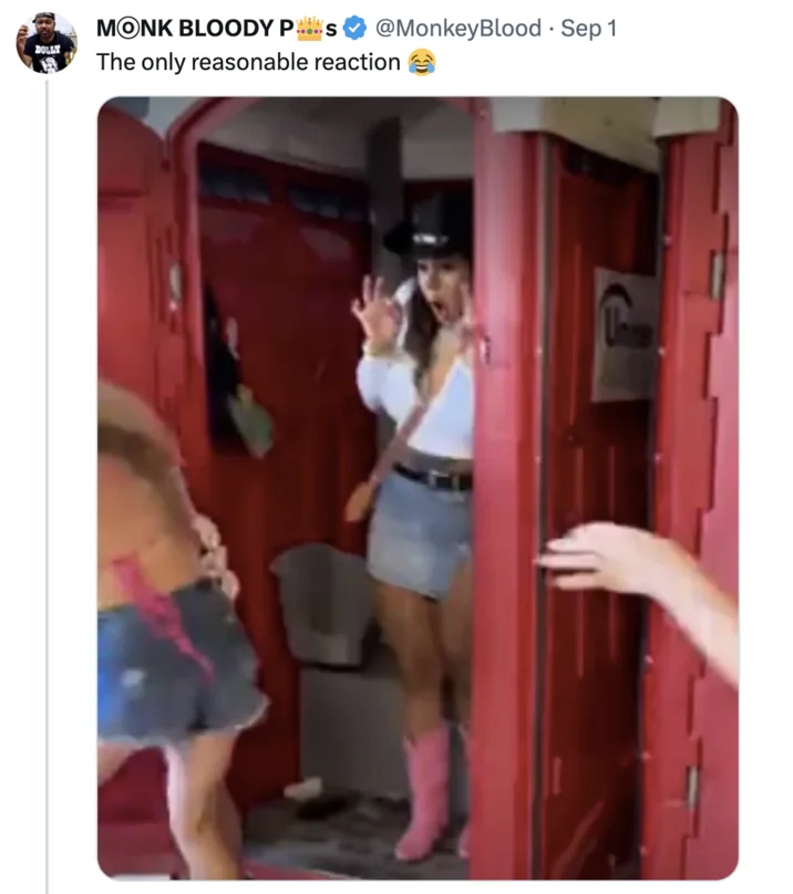 Romper Stomper Fight Video — Twitter screenshot of woman in cowboy hat inside porta-potty with hands raised as fight occurs in front of her.