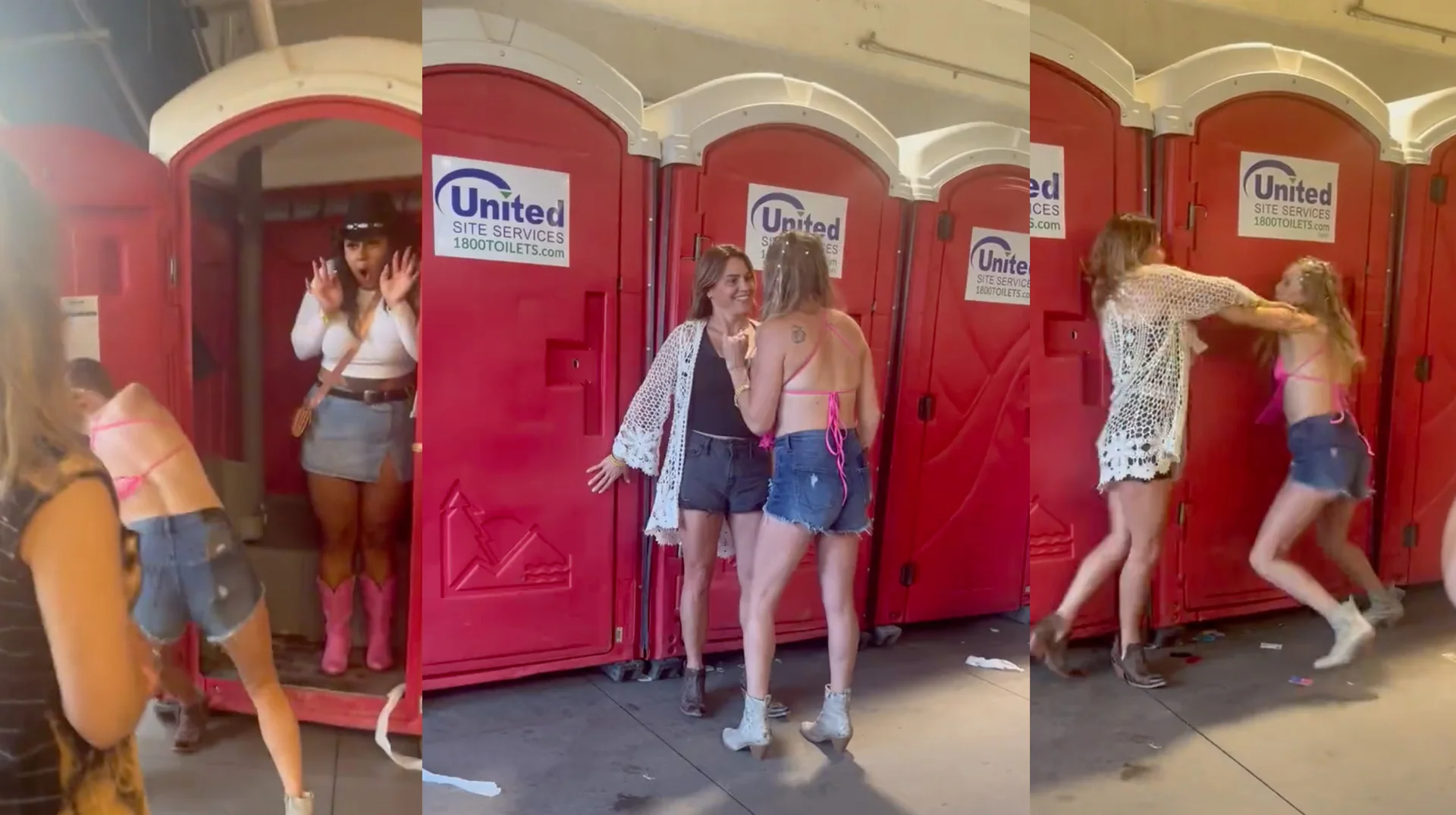 Romper Stomper Fight Video — Three-panel composite from viral porta-potty brawl video showing women arguing and fighting outside red portable toilets at a