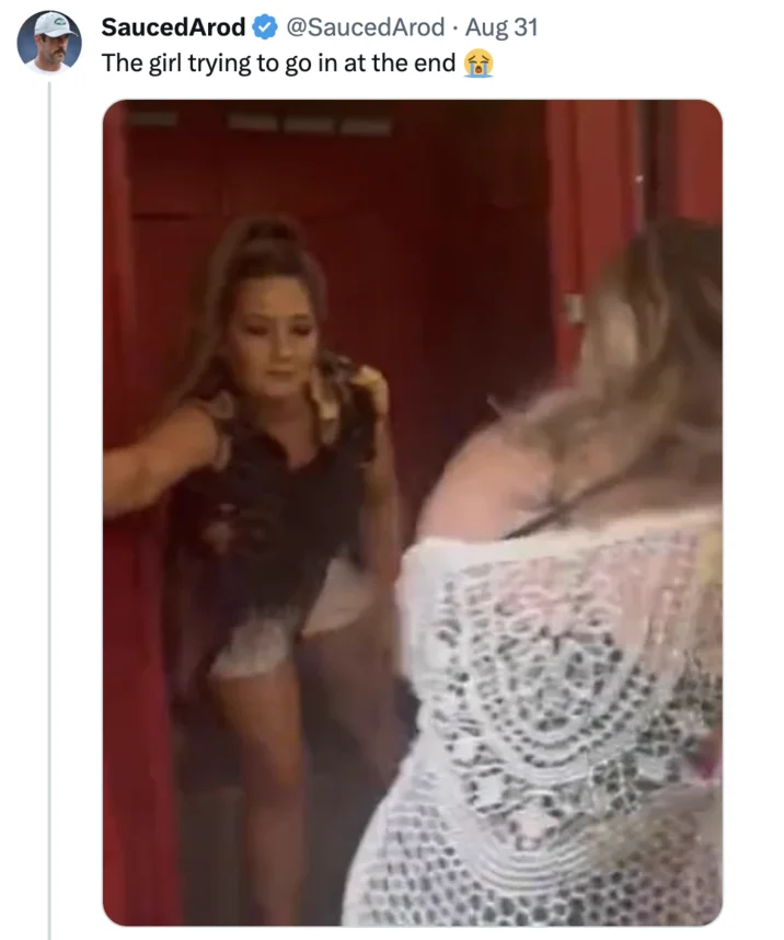 Romper Stomper Fight Video — Twitter screenshot showing a woman exiting a porta-potty while confronting another woman during the viral brawl.