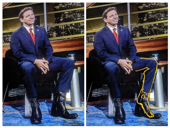 Ron DeSantis High Heels Conspiracy Theory — Comparison image of DeSantis in cowboy boots with a yellow annotation marking the hidden heel lift