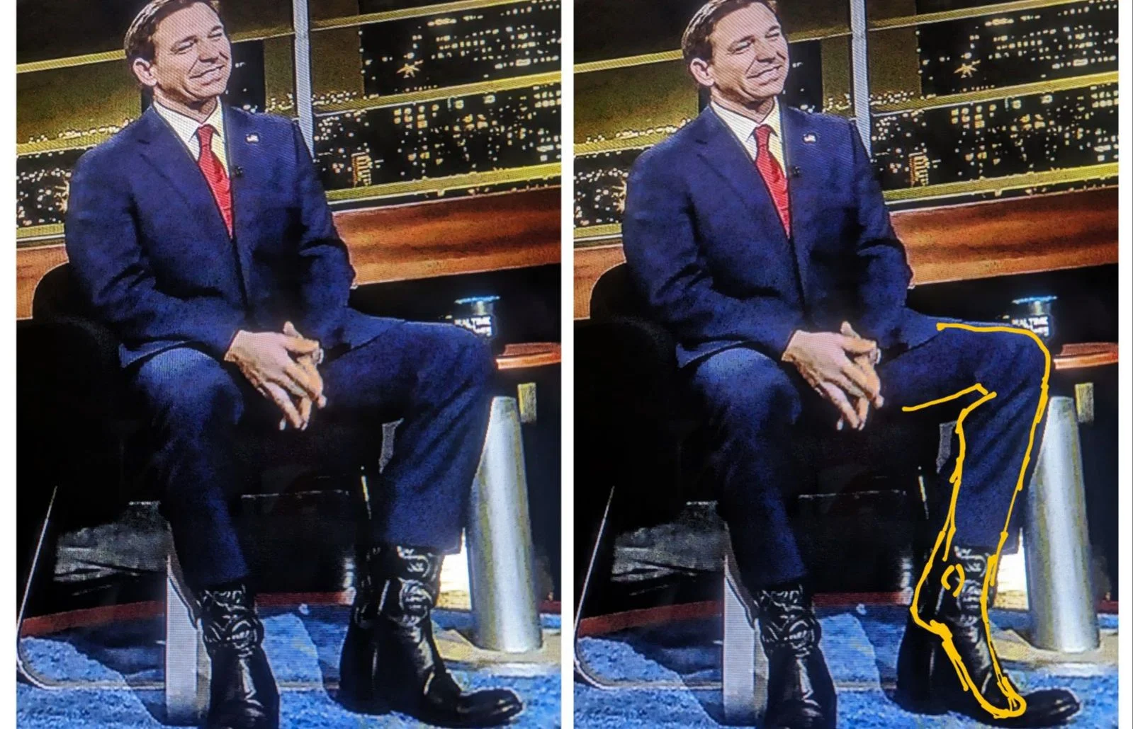 Ron DeSantis High Heels Conspiracy Theory — Side-by-side images of Ron DeSantis in cowboy boots with a yellow outline highlighting a suspected hidden heel lift