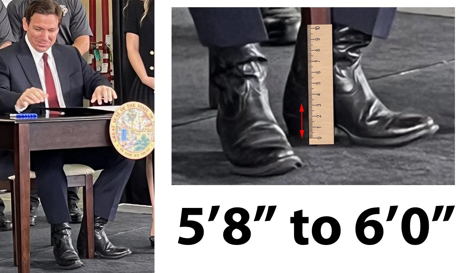 Ron DeSantis High Heels Conspiracy Theory — Composite image measuring Ron DeSantis's boot heel with a ruler and caption claiming the lift adds four inches of
