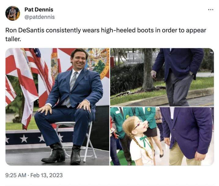Ron DeSantis High Heels Conspiracy Theory — Tweet from Pat Dennis showing photos of Ron DeSantis in high-heeled boots