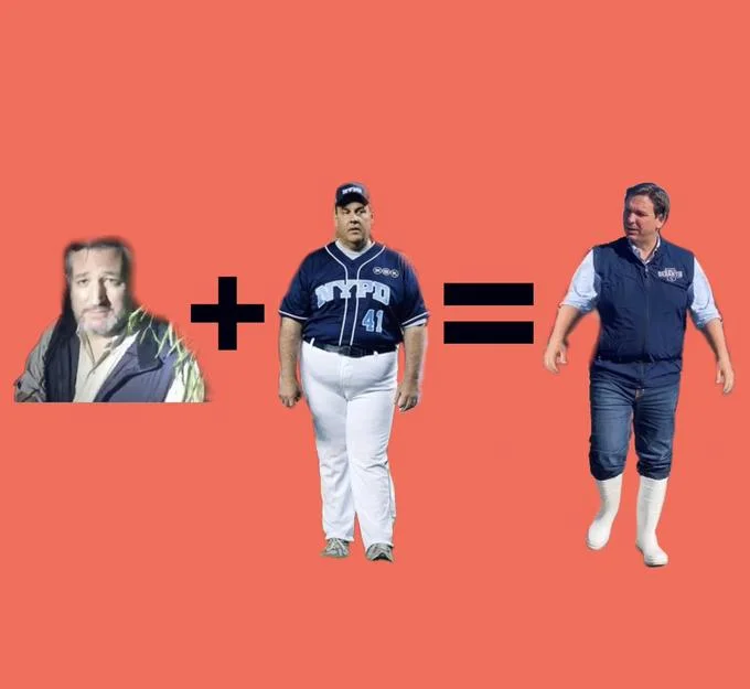 Ron DeSantis' White Boots — Formula meme: Ted Cruz plus a man in NYPD uniform equals Ron DeSantis in white rubber boots.