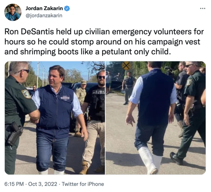Ron DeSantis' White Boots — Twitter screenshot from Jordan Zakarin mocking Ron DeSantis for his 'shrimping boots' with two photos of DeSantis in white boots.
