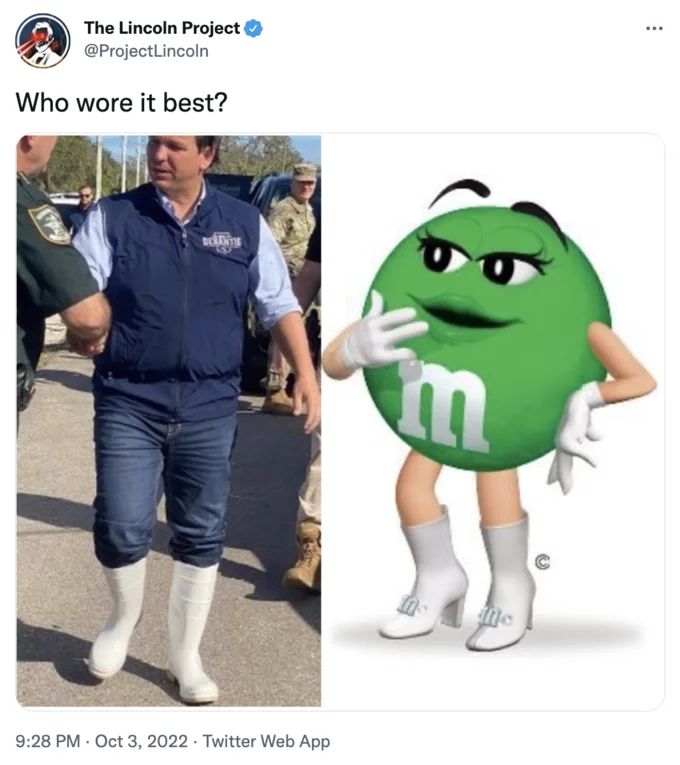 Ron DeSantis' White Boots — Side-by-side comparison tweet of Ron DeSantis in white rubber boots and the Green M&M character in white boots.