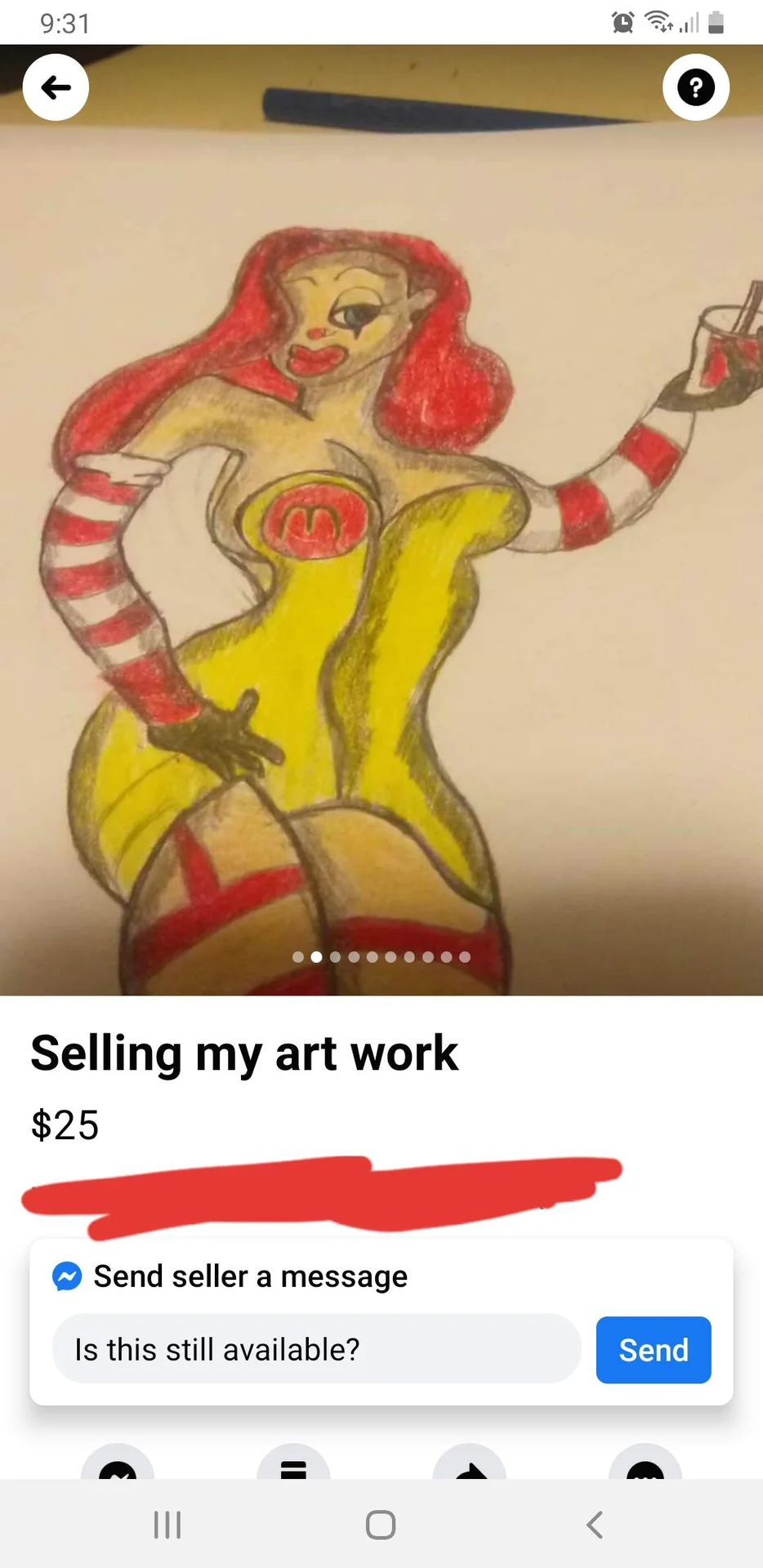 Facebook Marketplace screenshot showing amateur pencil drawing of a sexualized female Ronald McDonald character for sale