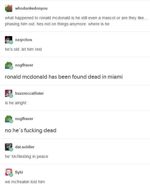 Tumblr thread screenshot with users joking about Ronald McDonald's disappearance using McDonald's-themed puns