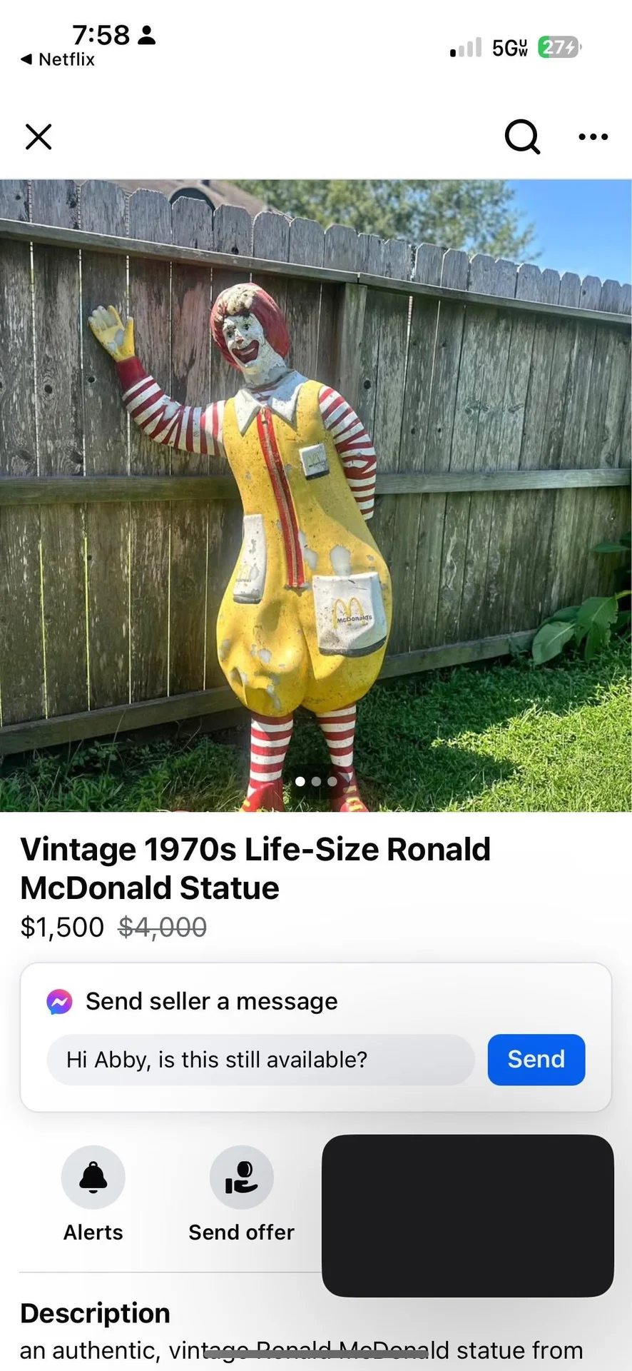 Facebook Marketplace listing of a chipped vintage 1970s Ronald McDonald statue priced at $1,500