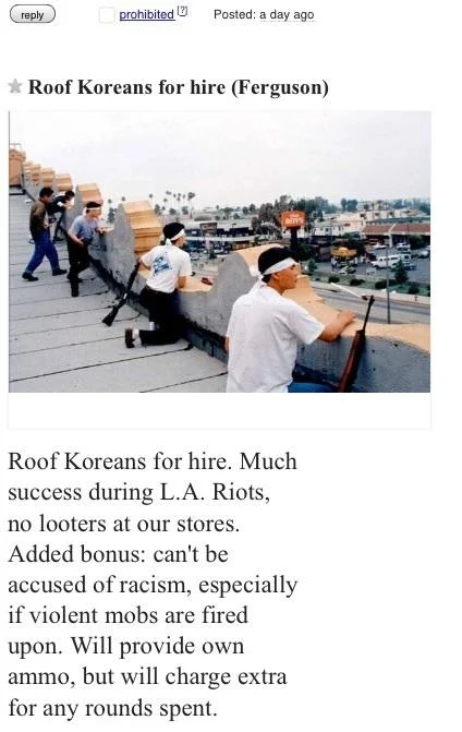 A screenshot of a Craigslist-style forum post offering 'Roof Koreans for hire' during Ferguson unrest with embedded 1992 LA riots rooftop photo.