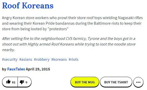A screenshot of Urban Dictionary page defining 'Roof Koreans' as Korean store workers with rifles during riots with example and community votes.