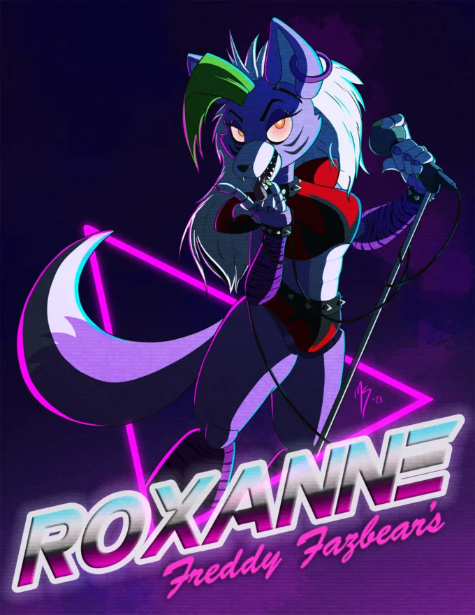 Retro 80s neon-styled poster illustration of Roxanne Wolf with microphone