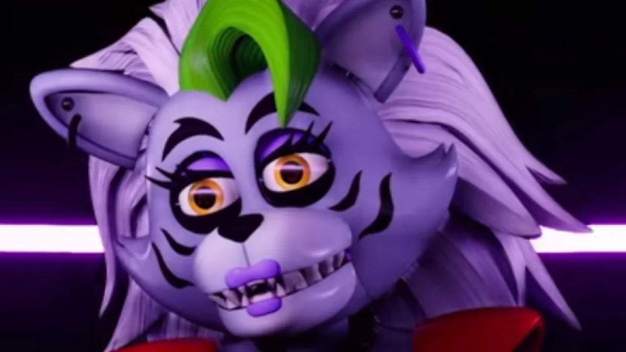 Close-up of Roxanne Wolf animatronic with green mohawk and yellow eyes on neon-lit stage