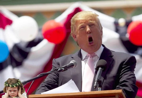 Royal Wedding Girl — Donald Trump speaking loudly at a podium with the ear-covering flower girl edited into the corner.