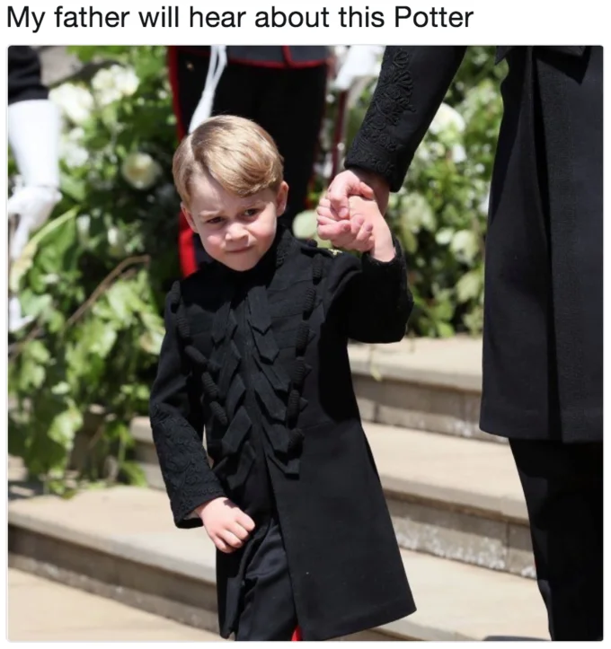 Royal Wedding of Prince Harry and Meghan Markle — Prince George in black coat with My Chemical Romance meme caption.