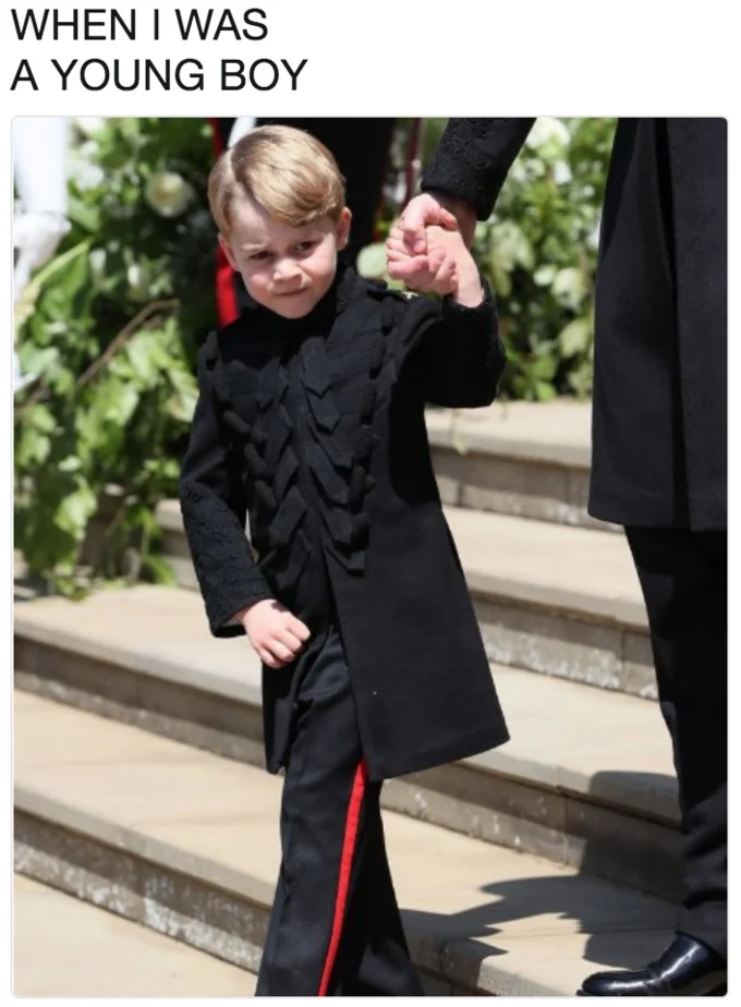Royal Wedding of Prince Harry and Meghan Markle — Prince George photo with Draco Malfoy Harry Potter meme caption.