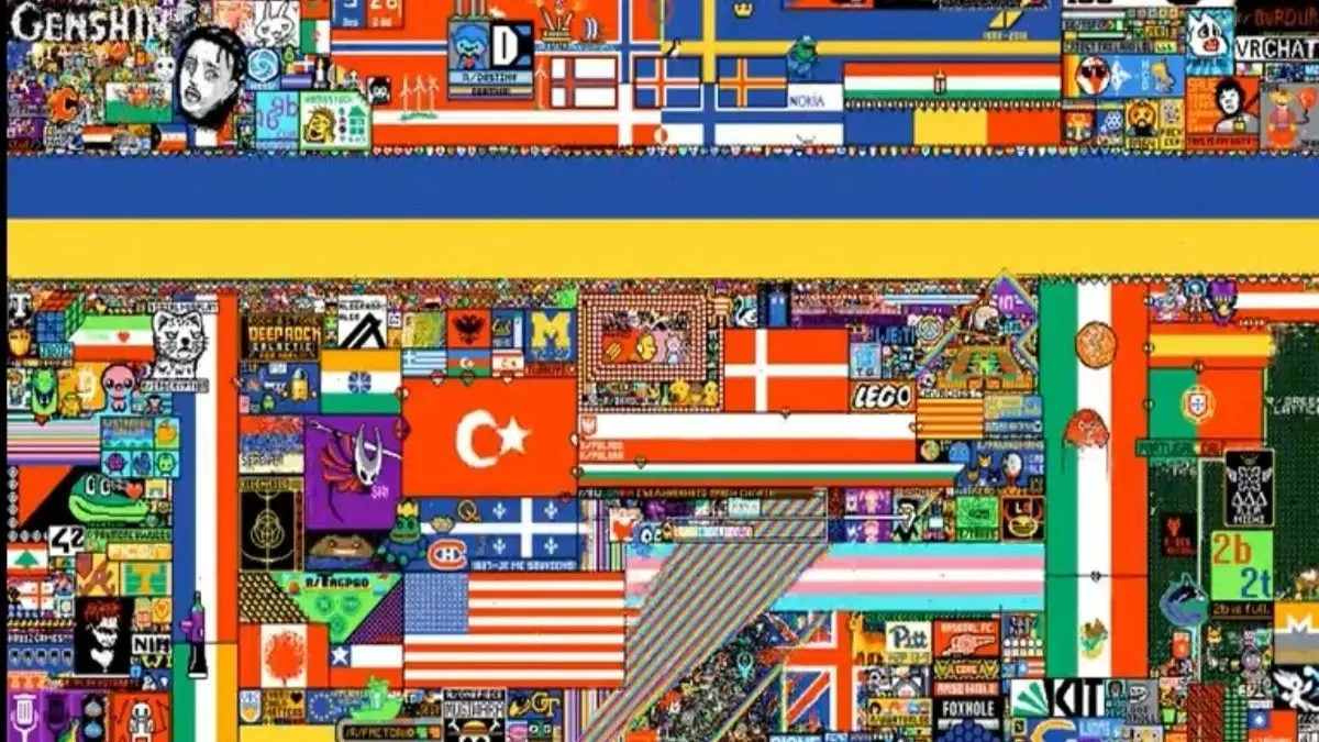 /r/place — Section of Reddit r/place canvas with Ukrainian flag stripe and dense pixel art of flags and logos