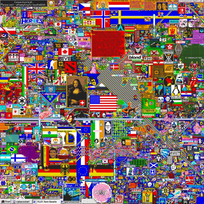 /r/place — Full r/place canvas view with Mona Lisa, national flags, and diverse pixel art