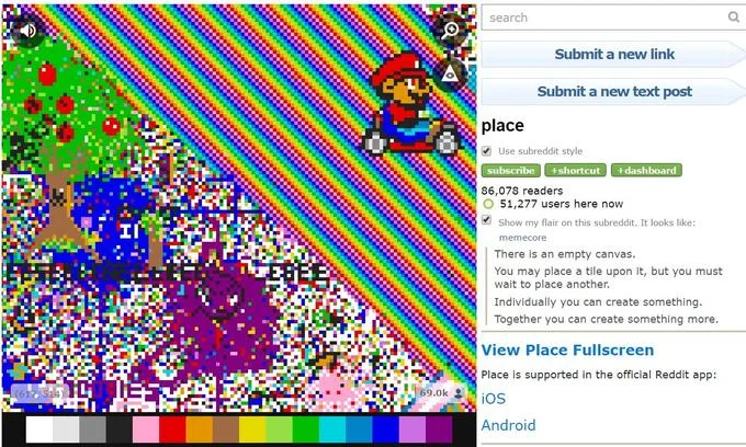 /r/place — Early r/place subreddit screenshot with Mario pixel art, a tree, and the subreddit sidebar