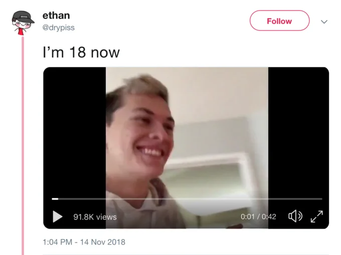 Rule 34 — Twitter post from @drypiss saying I'm 18 now with a video attachment