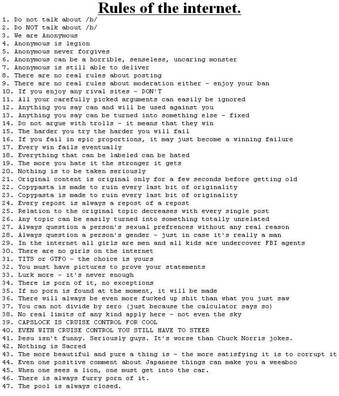Plain text list of 45+ numbered 'Rules of the internet' on white background in clean readable arrangement without watermarks.