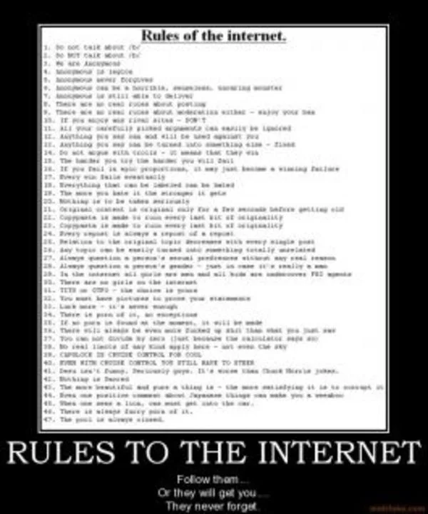 White text on black background with 'Rules of the internet' title and comprehensive numbered ruleset with 'RULES TO THE INTERNET' caption.