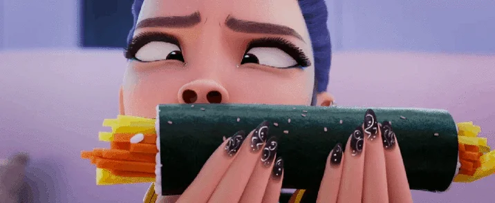 Rumi Sniffing Kimbap — Animated close-up of character Rumi from K-Pop Demon Hunters holding dark green kimbap roll to her face with wide expressive eyes and
