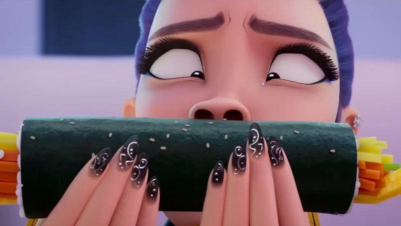 Rumi Sniffing Kimbap — Full-frame animated scene of character Rumi from K-Pop Demon Hunters holding dark green kimbap roll with both hands displaying