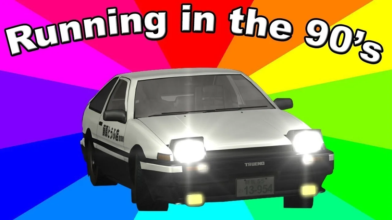Running in the 90s — A silver car with illuminated headlights against bright rainbow gradient background with bold white text reading 'Running in the 90's' at