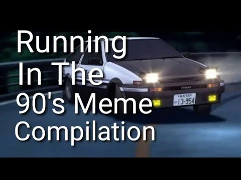 A screenshot from Running in the 90s Meme Compilation video showing stylized car with motion effects and neon lighting with text overlay.