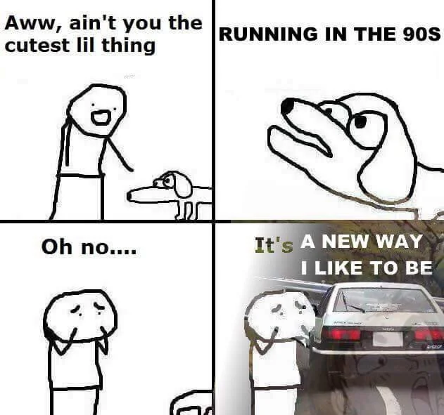 A stick figure comic in four-panel layout showing emotional reactions with one panel labeled 'RUNNING IN THE 90S' as transformation catalyst.