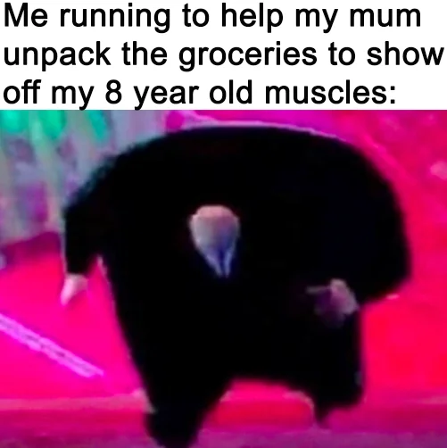 Running Kingpin meme about an 8-year-old showing off muscles by carrying groceries