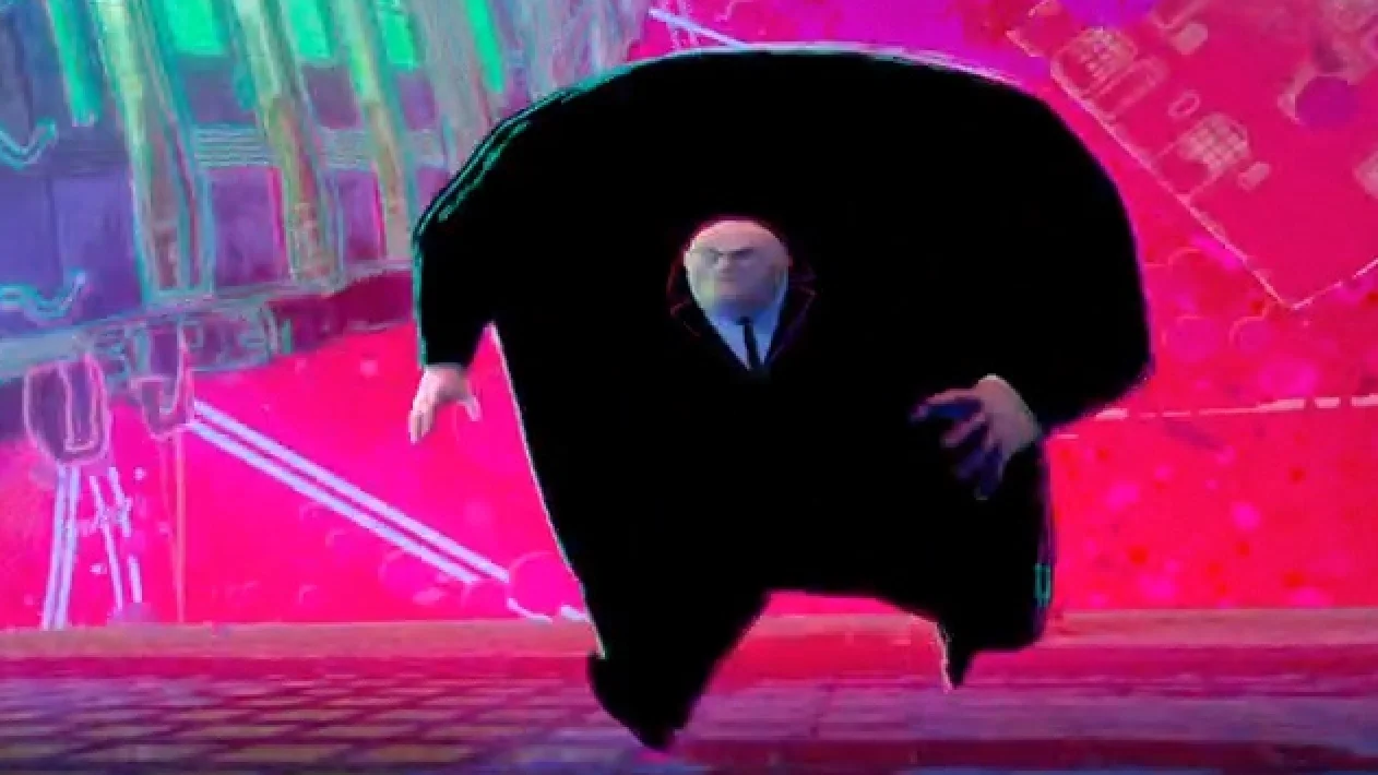 Running Kingpin — Kingpin from Spider-Verse running against a pink and green neon background